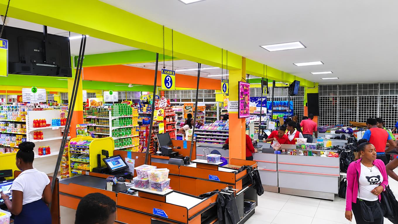 Price Gel Supermarket checkout lanes with staff at the registers