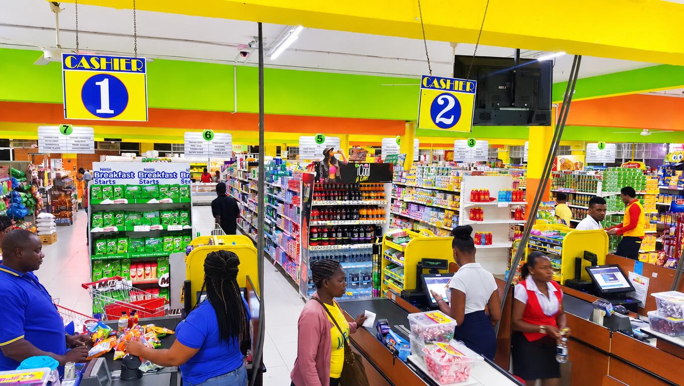 Inside Price Gel Supermarket: checkout lanes and stocked grocery aisles